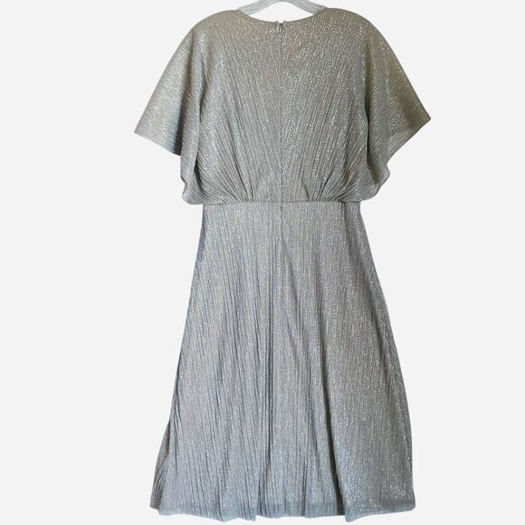 Joseph Ribkoff Midi Dress Sz 10 Silver V Neck Half Sleeve Ruched Bride Mother - Picture 3 of 11